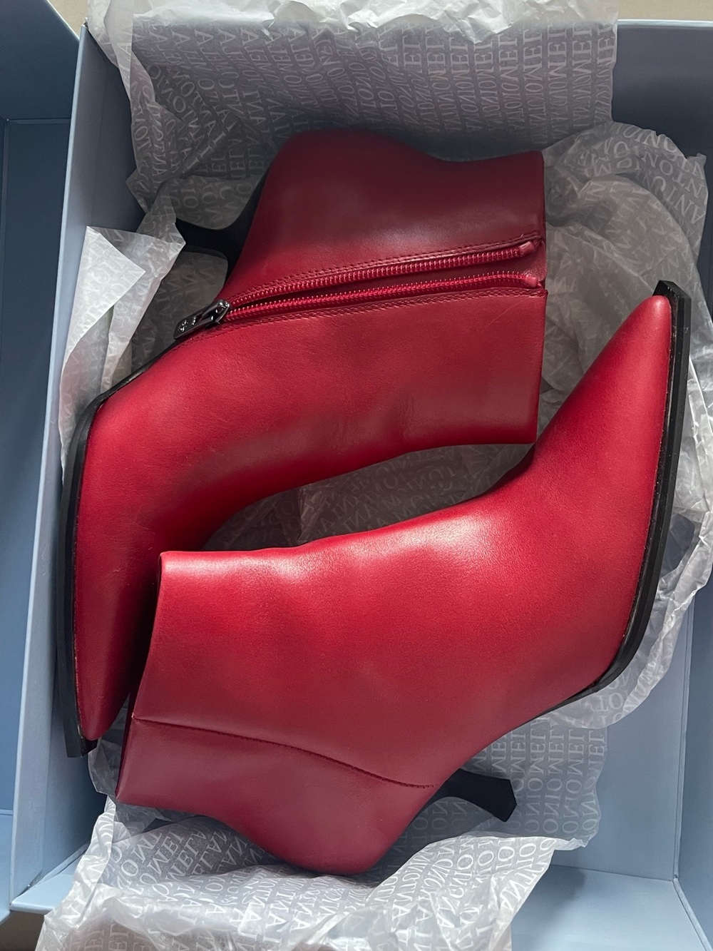 ANTONIO MELANI Red Pointed Toe Ankle Booties with Side Zip